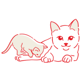 Skica odrasle mačke koja leži s mačićem koji se penje po njoj