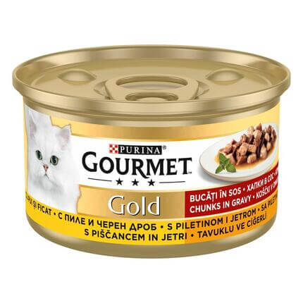 GOURMET GOLD Komadići u umaku s piletinom i jetrom, mokra hrana za mačke