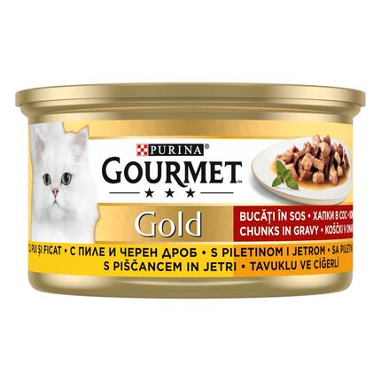 GOURMET GOLD Komadići u umaku s piletinom i jetrom, mokra hrana za mačke