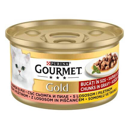 GOURMET GOLD Komadići u umaku s piletinom i lososom, mokra hrana za mačke