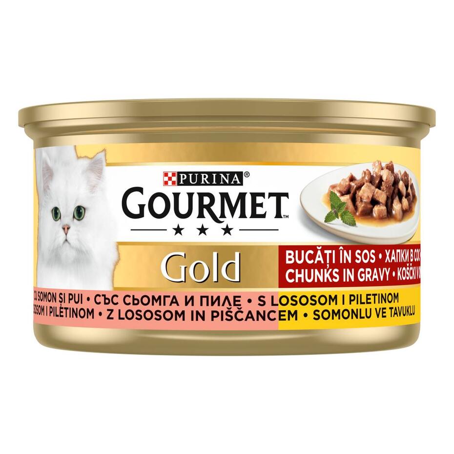 GOURMET GOLD Komadići u umaku s piletinom i lososom, mokra hrana za mačke