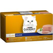 GOURMET GOLD Mousse Multipakiranje 4x85g s govedinom, s tunom, s jetrom, s puretinom, mokra hrana za mačke