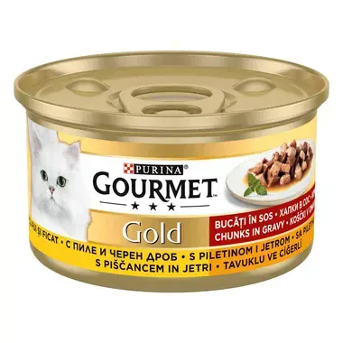 GOURMET GOLD Komadići u umaku s piletinom i jetrom, mokra hrana za mačke