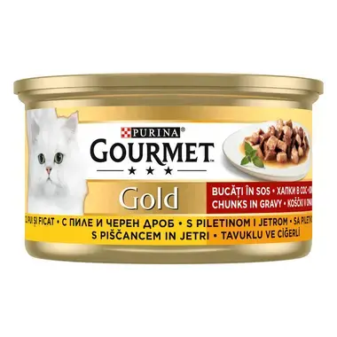 GOURMET GOLD Komadići u umaku s piletinom i jetrom, mokra hrana za mačke