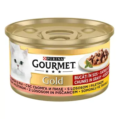 GOURMET GOLD Komadići u umaku s piletinom i lososom, mokra hrana za mačke