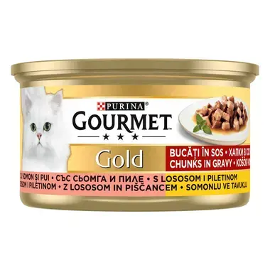 GOURMET GOLD Komadići u umaku s piletinom i lososom, mokra hrana za mačke