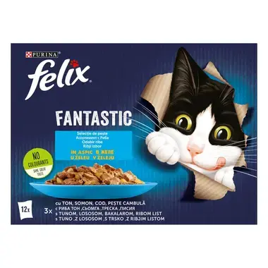 FELIX Fantastic Riblji Multipack Meni s tunom/ lososom/ bakalarom/ iverkom u želeu, mokra hrana za mačke