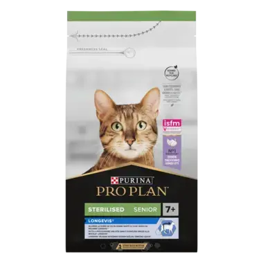 PURINA® PRO PLAN® Sterilised LONGEVIS® 7+, bogata puretinom, suha hrana za starije mačke