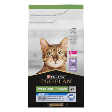 PURINA® PRO PLAN® Sterilised LONGEVIS® 7+, bogata puretinom, suha hrana za starije mačke