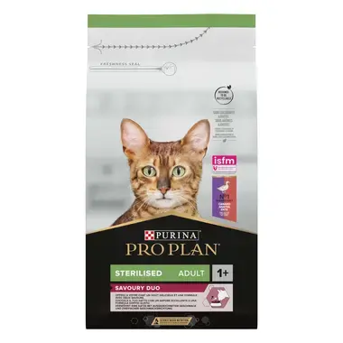 PURINA ® PRO PLAN ® Sterilised SAVOURY DUO, bogata pačetinom i jetrom, suha hrana za mačke