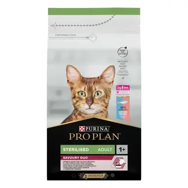 PURINA ® PRO PLAN ® Sterilised Adult 1+ SAVOURY DUO, bogata bakalarom i pastrvom